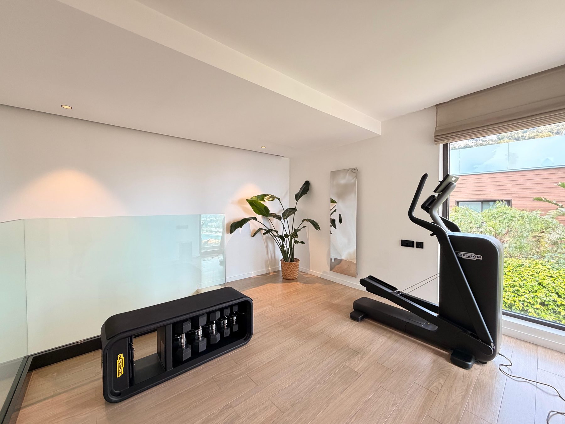 Private gym with cardio equipment and garden light